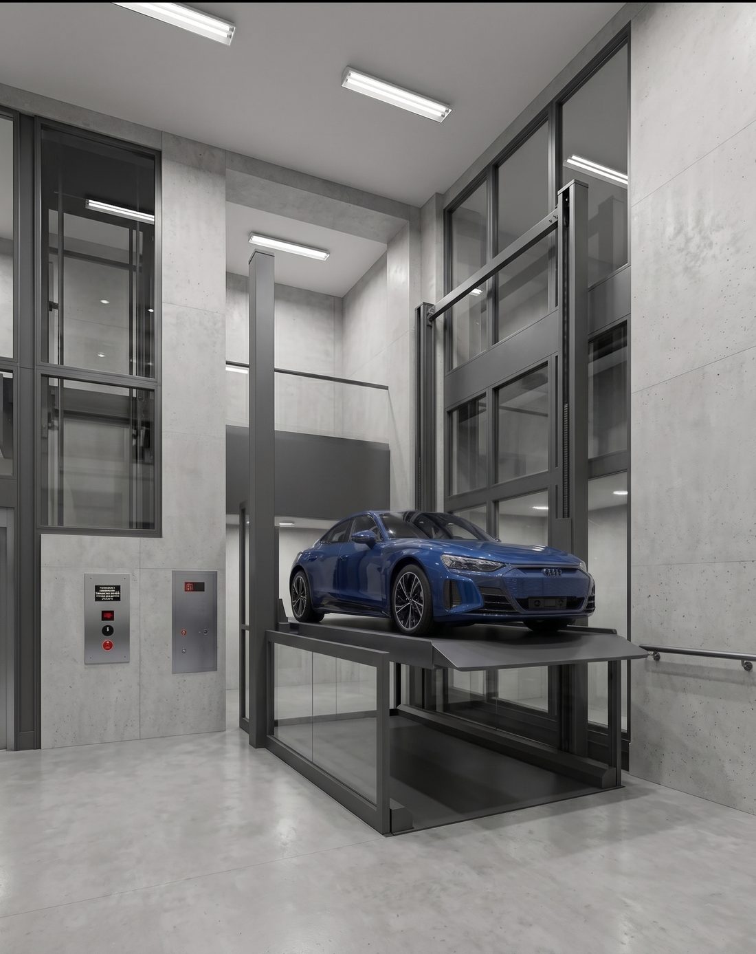 Automobilių keltuvas su automobiliu ant platformos